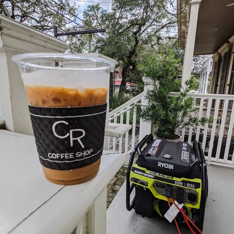 Coffee next to generator after Hurricane Ida
